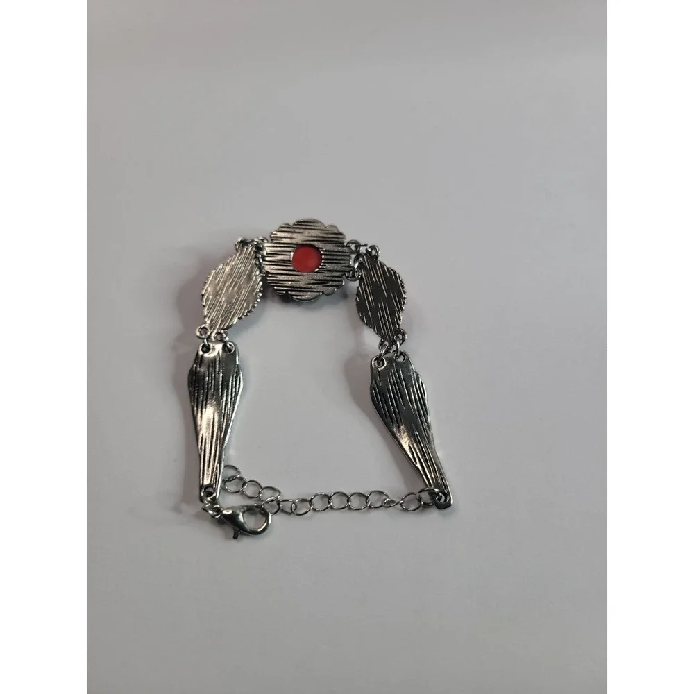 Silver Tone Red Cabochon Filigree Statement Bracelet Adjustable Boho